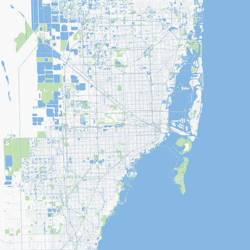 Minimal vector city map of Miami with streets, parks and Biscayne Bay
