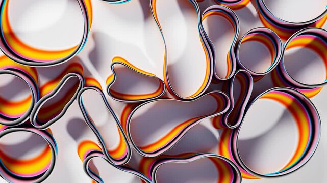 3d render of abstract art, video animation of surreal circles, ropes on a curve, wavy organic lines, forms in a deformation transformation process in purple and white, and blue gradient color