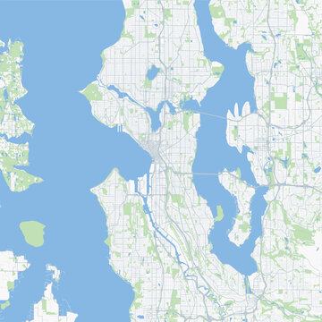 Minimal vector city map of Seattle with streets, parks and waterways