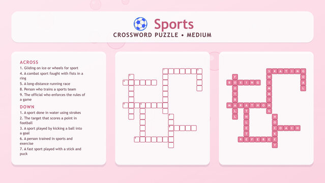 Sports crossword puzzle medium worksheet for children learn English vocabulary. Educational task is suitable for school lesson presentation, activity book page, printing and online teaching.