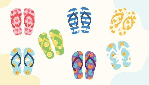 Collection of colorful summer flip-flops and beach sandals with various fun patterns like hearts, lemons, and suns.