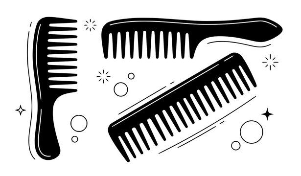 Modern Black Wide Tooth Comb Vector Set for Hair Styling Barber Beauty and Personal Care Design