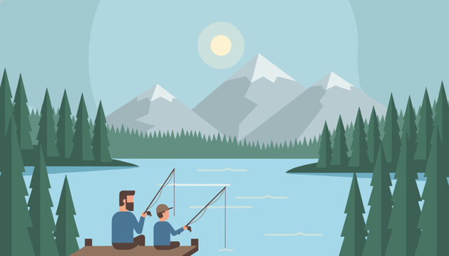 Father and son spending quality time together fishing on a wooden pier at a calm mountain lake in a pine forest.