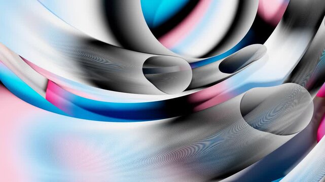 3d render of abstract art, video animation of surreal circles, ropes on a curve, wavy organic lines, forms in a deformation transformation process in purple and white, and blue gradient color