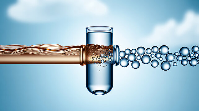Water flowing from copper pipe into glass beaker with bubbles blue background
