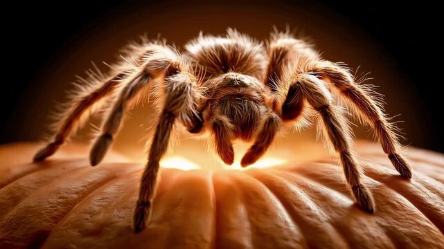 Tarantula Spider Crawling on Carved Halloween Pumpkin