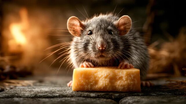 Rat Eating Cheese on Stone Dungeon Floor by Torchlight