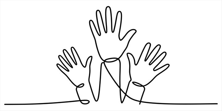 Three human hands raised up drawn in a continuous line art style showing unity and teamwork as a simple black graphic design on a plain surface