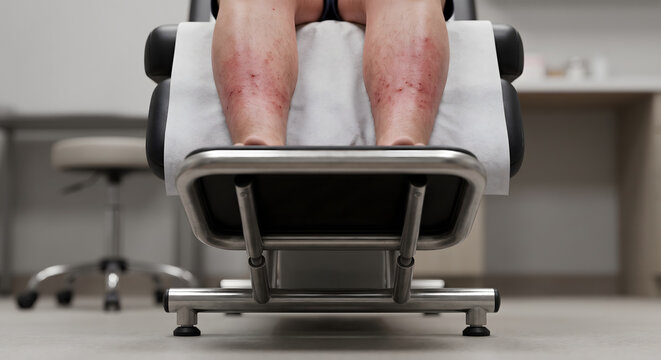 Patient legs with skin rash on examination table in medical office for dermatology consultation.