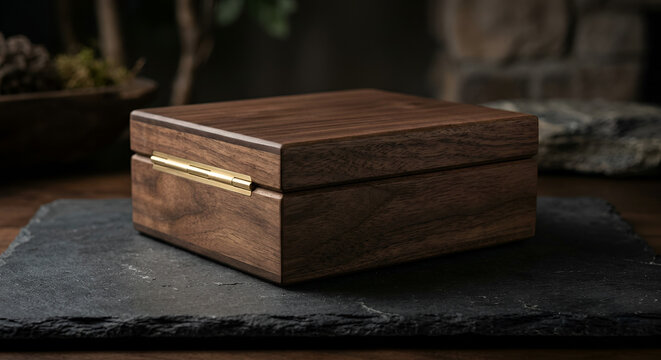 Premium dark wood gift box with gold hinge on black stone surface