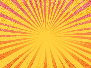 Fototapeta premium Dynamic pop art illustration featuring a symmetrical burst of orange and pink rays with halftone dots. A bright, high-impact flat design perfect for creative backdrops.