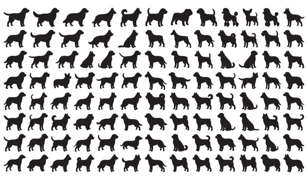 Dog silhouettes arranged in a repeating pattern against a white background showcasing various canine breeds and poses dogs puppy puppies