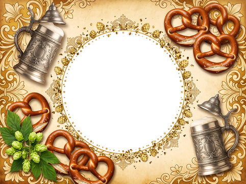 Vintage Oktoberfest background with antique steins and hops on white