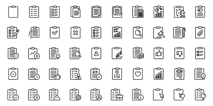 Set of outline icons related to Clipboard, checklist, survey, report, petition, planning, and more. Editable stroke. Vector illustration