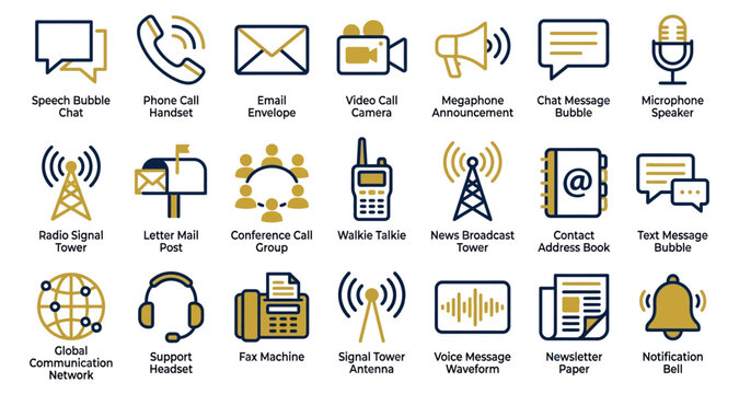 Microphone speaker icon with gold and navy chat and communication symbols for messaging and broadcasting