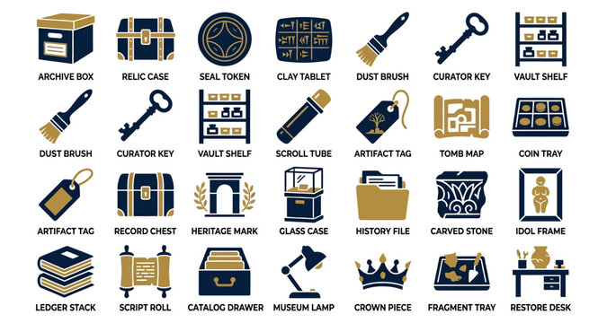 Archive box icon with label and carton design in dark blue and gold tones, set illustration