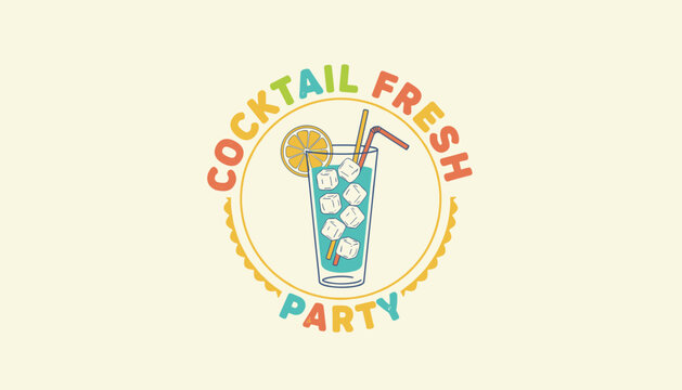 Retro badge design for a fresh cocktail party featuring a cold tropical drink with ice cubes and orange slice.