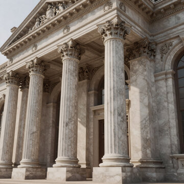 Steampunk Marble Column. A 3D Illustration Of A Classical Building With Marble Columns On The Stone Facade