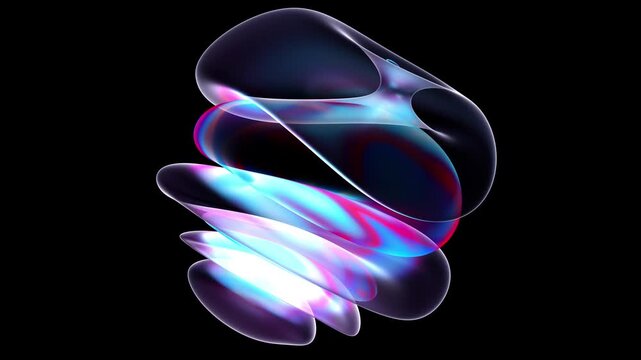 3d render abstract art video surreal 3d ball sphere in curved wavy round and spherical lines forms in transparent fluorescent plastic material with glowing blue purple neon color parts on a black 
