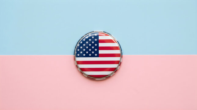American flag pin button on a soft pastel background