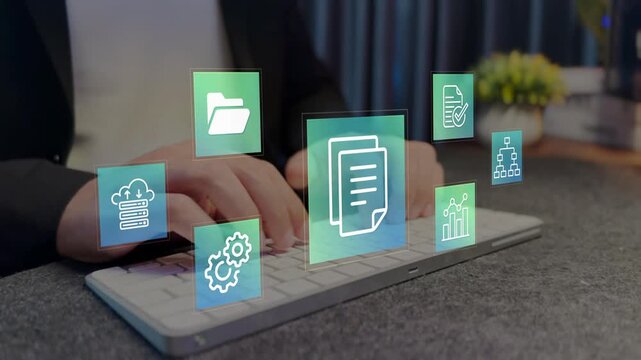 ERP enterprise resource planning concept. Business process and enterprise management icons, resource planning, workflow integration and operational efficiency. 