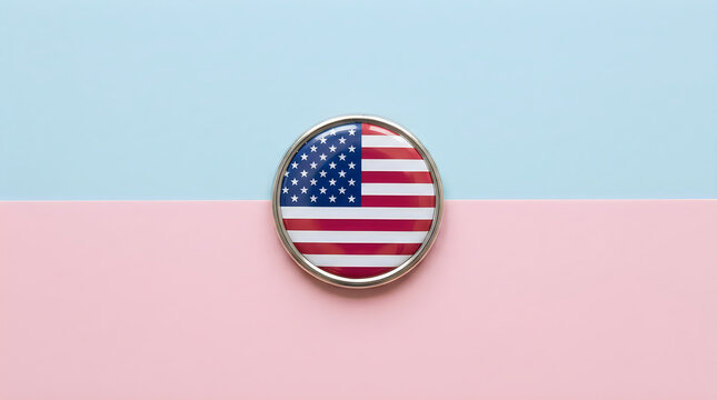 Round usa flag pin on a pastel blue and pink background
