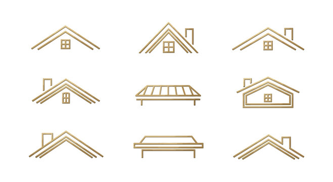 Set of minimalist house roof icons in golden linear style on white background