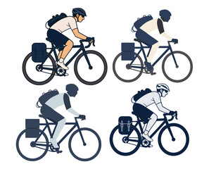 Obraz premium Cyclist riding bicycle vector illustration set, road bike courier, bikepacking cyclist, bicycle delivery rider, cycling commuter collection