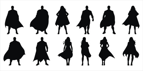 Diverse group of superhero silhouettes with flowing capes and varying poses Keywords: superhero, silhouette, cape, standing © Md