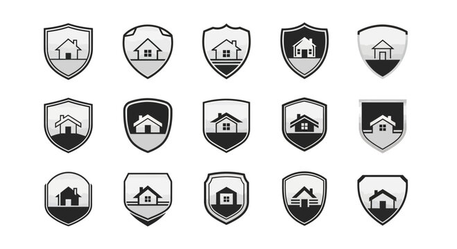 Set of shield shaped house icons security and protection concepts design