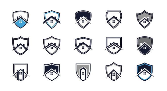 Set of shield shaped home icons for property protection and security concepts