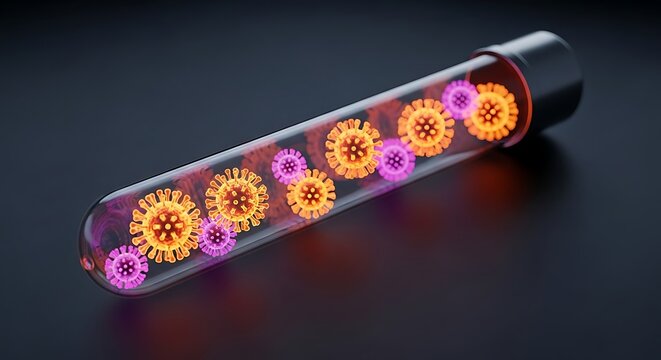 Macro view of a test tube with glowing orange and pink viral particles inside, black background