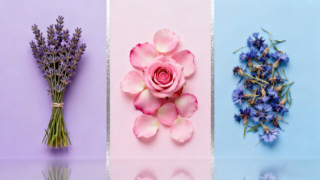 Display lavender, rose, cornflower, and dried flowers in three color zones, representing diverse herbal essential oils, aromatherapy skincare, and seasonal soothing and maintenance concepts

