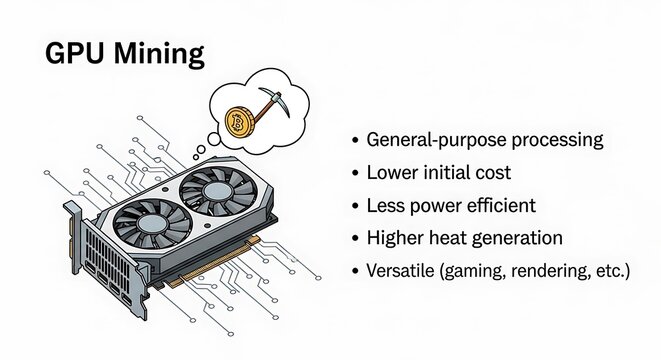 Modern GPU mining hardware setup with benefits list.