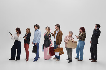Obraz premium People waiting in customer service queue at public office and business reception. Concept of administrative services, appointment waiting, government office, customer support and queue management.