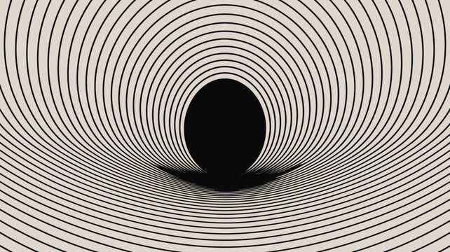 Psychedelic monochrome vortex wormhole illustration with repeating wavy concentric lines and central dark abyss space creative graphic artwork wallpaper