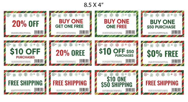 Collection of christmas themed discount coupons and offer vouchers