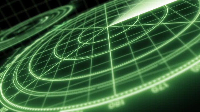 パースのついた緑色に発光するSFミリタリー風の探知レーダーHUD