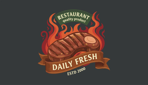 Vintage restaurant logo template featuring a grilled beef steak over burning hot flames with a daily fresh banner.