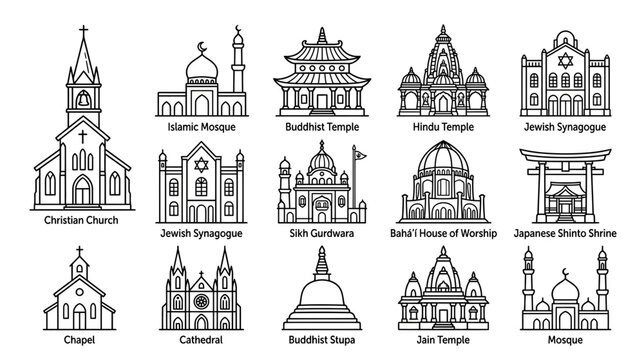Collection of Religious Buildings Icons: Church, Mosque, Temple, Synagogue, Shrine, Chapel