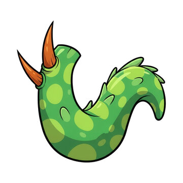Cartoon green monster head with horns for kids illustration, vector icon