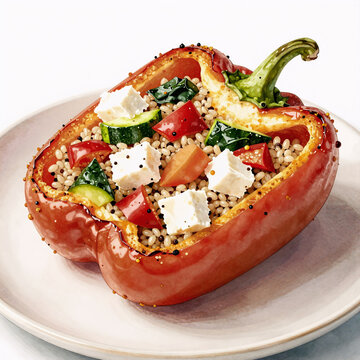 Watercolor Cheese Color Image. Paprika Stuffed With Quinoa, Feta Cheese & Veggies; Selective Focus On The Roasted Spice