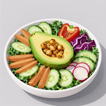 Storybook Illustration Pepper Useful. Colorful Salad With Avocado, Roasted Chickpeas, Kale, Cucumber, Carrot, Red Cabbage, Bell Pepper And Radish In A White Bowl