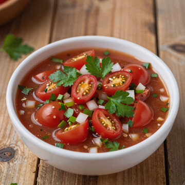 Comic Book Pepper Pastry. A Vibrant Brazilian Vinaigrette In A White Bowl Served Against A Wooden Background