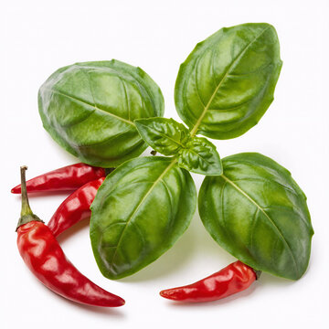 Realistic Pepper Chile. Isolated Fresh Basil Leaves And Red Chilli Pepper On A White Background For Cooking Design