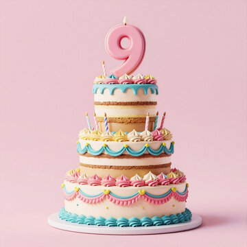 Editorial Illustration Birthday Cake Nine. Colorful Pastel Background Showcases A 9Th Birthday Cake In An Isolated Setting