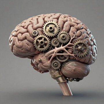 Concept Art Brain Cerebellum. Grunge-Style Image Depicting Human Brain Function With Industrial Machinery Motifs
