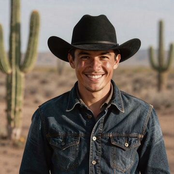 Kawaii Cowboy Joyful. Cowboy In Black Hat, With A Cheerful Expression