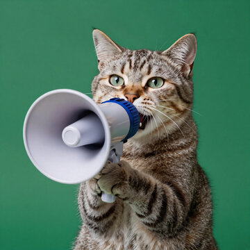 Dramatic Lighting Megaphone Green. Humorous Digital Illustration Of A Cat Holding A Megaphone On Green Backdrop