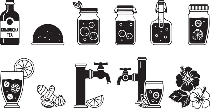 Black and white of kombucha brewing process with S C O B Y and fermentation equipment SCOBY